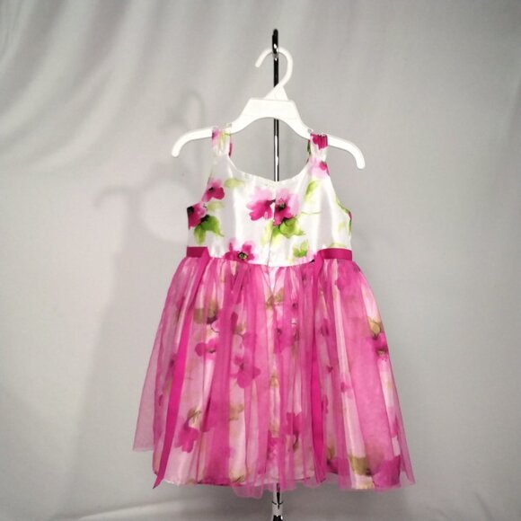 Rare Editions White Floral Dress Fuchsia Lace Overlay Tie Ribbon W/Rosebud Sz.3T - Picture 3 of 4